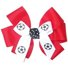 Soccer Hair Bow with six loops, Made in the USA, white pony bands, many colors (Red)