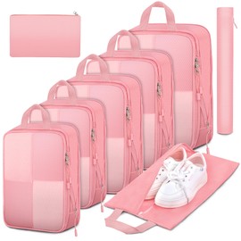 8 Set Compression Packing Cubes for Travel, Lightweight Expandable Suitcase Packing Organizers Travel Cubes for Carry On Luggage Suitcase, Pink