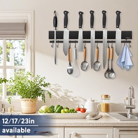 Dmore magnetic knife holder for wall—with 10 hooks, No Drilling 17 Inch black knife magnetic strip, Extra Strong Magnet knife rack, include Adhesive Tape and screws for Knives and Tools