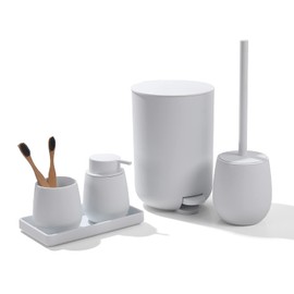GAHEFY White Bathroom Accessories Set with Small Trash Can 3 Liter/0.8 Gallon,Toothbrush Holder,Soap Dispenser,Vanity Tray,Toilet Brush and Holder White 5PCS
