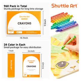 Shuttle Art Crayons Bulk Set - 40 Boxes of 24 Assorted Colors, 960 Count Durable & Non-Toxic Teacher-Quality Crayons, School Supplies bulk For Family Class Party Favors