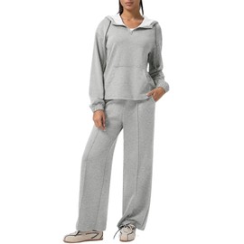 Aleumdr 2 Piece Sweat Suits for Women Casual Long Sleeve Half Zip Top Kangaroo Pocket and High Waisted Athletic Pants Two Piece Lounge Sets Light Grey X-Large
