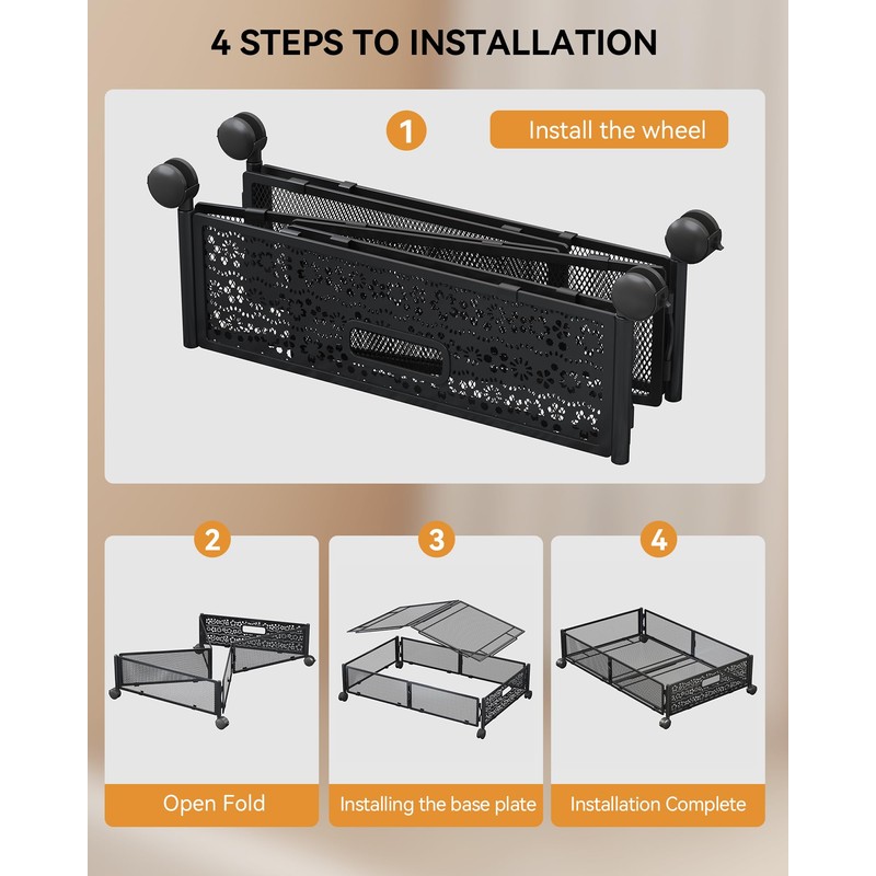 YEEBONIX Under Bed Storage with Wheels, Foldable Pattern Carved Metal