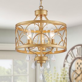 Uiimeces Small Crystal Chandelier, Modern Gold Crystal Chandeliers for Dining Room, Rustic Farmhouse Round Ceiling Pendant Light Fixture for Living Room, Entryway, Hallway, Bedroom, Bathroom