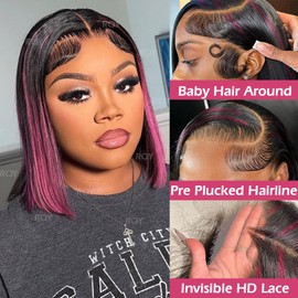 RQY 10 Inch Ombre 13x4 straight Lace Front Wigs Human Hair Pre Plucked 180% Density Skunk Strip Highlight Wig Human Hair Pink And Black Wig HD Lace Frontal 1B/Pink Colored Bob Wigs