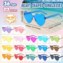 WNSIRVY 36 Pairs Rimless Heart Shaped Sunglasses, Transparent Candy Color Star Glasses Bulk - Fun Sunglasses for Pool Party Decorations Fun Gatherings Photo Booth Props Party Favors (Multicolor)