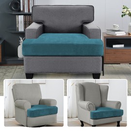 H.VERSAILTEX Stretch Velvet T Cushion Chair Covers for Living Room Armchair Sofa Cover Couch Cover Slipcover T Cushion Seat Cover Stay with Elastic Bands(Armchair, Peacock Blue)