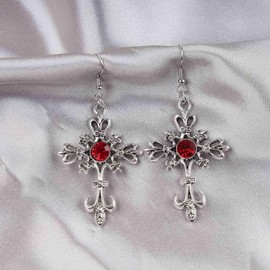 Iaceble Boho Gothic Cross Dangle Hook Earrings Ruby Cross Drop Earrings Cross Faith Earrings Red Crystal Filled Cross Earrings Silver Religion Earrings for Women and Girls