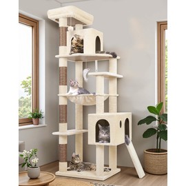Globlazer Heavy Duty Cat Tree Tower, 70inch Sturdy Cat Tree for Indoor Cats Sturdy Large Cat Tower with Scratching Post and Scratching Board, Hammock, Cat Condo for Adult Cats Kittens, F70 Pro, Beige