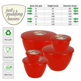Just Pudding Basins Red Space Saving Set of Plastic Steam Pudding Bowls and Lids 5 Popular Sizes Up to 3 Pints