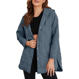 EVALESS Puffer Jacket for Women Lightweight Diamond Quilted Jackets Long Winter Coats for Womens Fashion 2024 Hooded Long Sleeve Button Down Clothes Blue Jacket for Women Casual with Pockets, Large