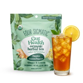 Four Sigmatic Gut Health Organic Herbal Tea | Organic Lemon Ginger Tea with Probiotics & Turkey Tail Mushroom | Instant Digestive Tea | Vegan, Gluten-Free | Lemon Ginger, 24 Servings