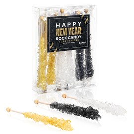 Candy Envy - Happy New Year Rock Candy Sugar Sticks - Gold Edition - 10 Individually Wrapped Gold, Black, White Party Favors
