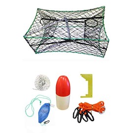 KUFA Galvanized Foldable Crab Trap & Accessory Kit (100' Non-Lead Sinking Line, Clipper,Harness,Bait Bag & 13" Red/White Float) S33+CAS34