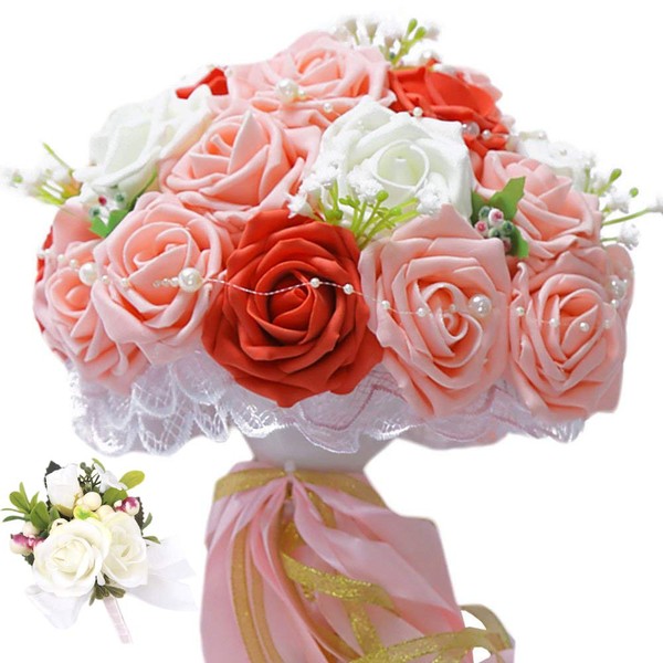 F-grip Wedding Bouquet Boutonniere Set, Art Flowers, Roses, Present, Mother's Day (White, Pink, Red)