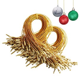 Christmas Ornaments Hanger String 200Pcs Gold Ribbon Ornament Hook Ropes Precut String with Snaps Locking for Xmas Ornament Hanging Decorations