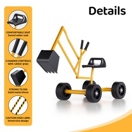 Kids Excavator Ride on Sand Digger with Wheels, Beach Toys Outdoor Sandbox Toy Excavator, Steel Excavator Crane Rotates 360 Degrees with Stable Base, Outdoor Sandbox Play Toy, Yellow