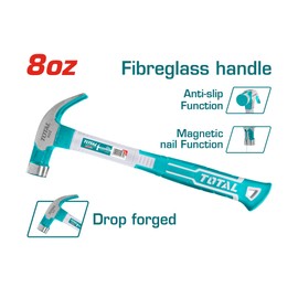TOTAL Claw Hammer, 8oz/220g Magnetic Nail Function Anti-Slip Function Drop-Forged Hammer with Fiberglass Handle