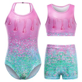 Kinberr Girls Gymnastics Outfit One Piece Quick Dry Gym Leotards Shiny Pink Green Unitard Biketards for Performence
