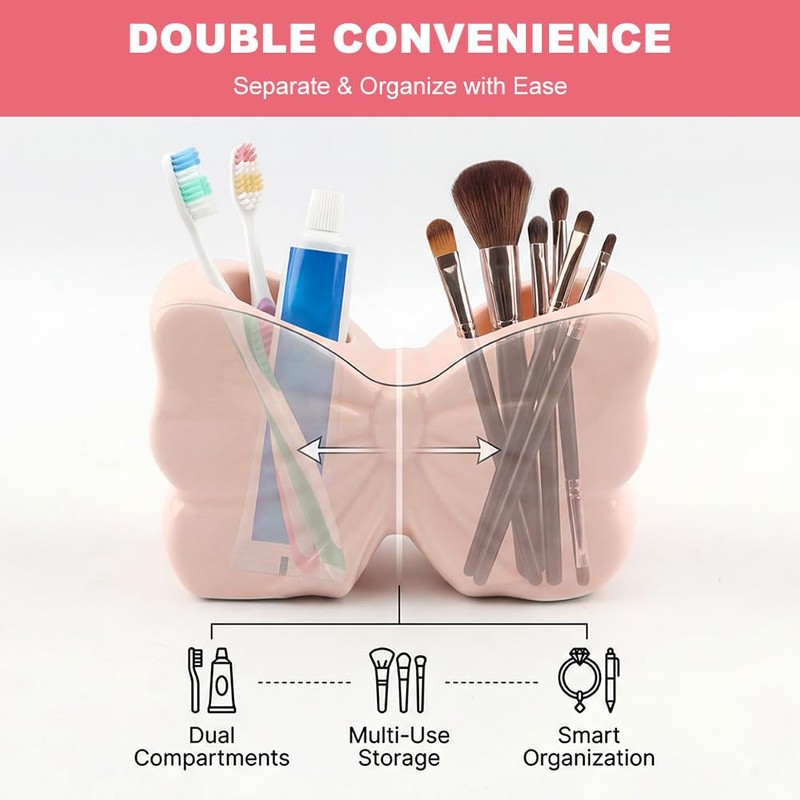 Pink Bow Toothbrush Holder,2‑Slot Ceramic Cute Girly Bathroom Decor
