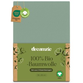 Dreamzie - 100% Organic Cotton - Pillowcase 30 x 30 cm Cotton - Set of 2 - Green - Cushion Cover with Zip - Oeko-Tex