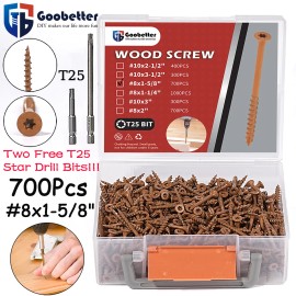 GooBetter 700PCS Torx T25 Star Flat Head Screw #8x1-5/8" Outdoor Wood Screw T25 Star Bit