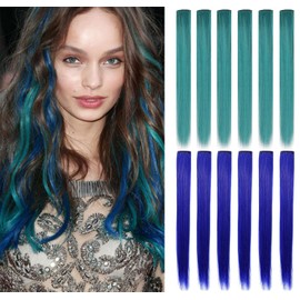 SHKJCHP Coloured Hair Extensions Clip-In for Girls 21 Inch Colourful Straight Hair Extensions for Party Highlights Hair Accessories Hairpieces for Women 12PSC (Blue, Dark Turquoise)