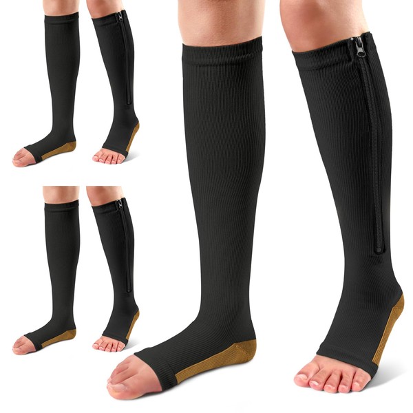 Ailaka 3 Pairs Compression Socks with Zipper, 15-20 mmHg Medical