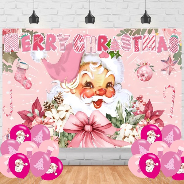 Merry Christmas Banner Backdrop, Pink Santa Xmas Background Banner Santa