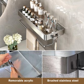 VOLPONE Stainless Steel Wall Mounted Bathroom Shelves - 2-Tier Floating Shelf with Removable Hooks (Brushed Nickel)