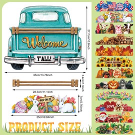 Beeveer 13 Pcs Interchangeable Welcome Sign Blue Truck Decor Hanging Sign Farmhouse Seasonal Welcome Signs Rustic Interchangeable Holiday Decor with 12 Holiday Icons for Spring Summer Xmas
