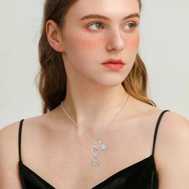 OHAYOO Kitty Cat and Daisy Necklace 925 Sterling Silver Animal Pendant Jewelry for Women, Sisters & Cat Lovers Graduation, Birthday, Summer Party Gift Idea