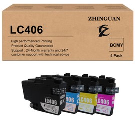 ZHINGUAN Remanufactured LC406BK LC406C LC406M LC406Y for LC406 Ink Cartridges MFC-J4335DW MFC-J4345DW MFC-J4535DW MFC-J5855DW MFC-J5955DW MFC-J6555DW MFC-J6955DW Ink Cartridge (4-Pack)
