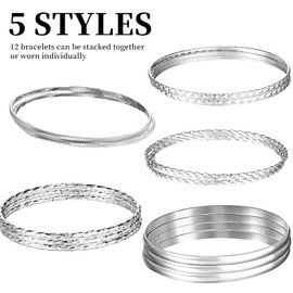 Liameph Silver Bangles 12 Pieces Bangles for Womens Silver Bracelet Set Silver Bangles for Women Bracelets for Womens Silver Womens Bangles for Women Wedding Date
