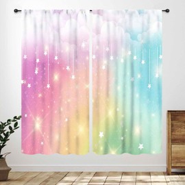 Rainbow Curtains,Boho Pastel Cartoon Cute Colorful Sky Clouds Stars Kids Girl Princess Bedroom Living Room Nursery Window Treatments Drapes 2 Panels,42X45 Inch