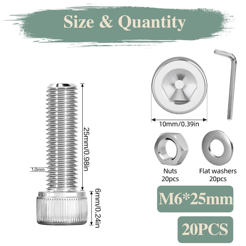GOHODOMINO M6×25mm Socket Head Cap Screws, Nuts, Flat Washers, 20Pcs,