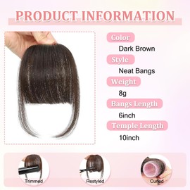 Clip In Fringe 100% Real Human Hair Bangs Hair Clip Thin Bangs On Hairpiece On Air Bangs With Temple Wispy Bangs Hair Extensions for women (Dark Brown, Clip in Neat Bangs)