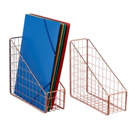 Relaxdays, Rose Gold Magazine File Set of 2, A4, Grid Design, HBT 23 x 9 x 25.5 cm, Office & Home Office, Standing Folder, Metal, Iron