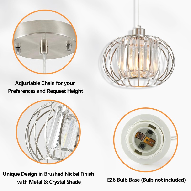 XSDeTu Brushed Nickel Pendant Light Fixtures, Modern Crystal Hanging Ceiling