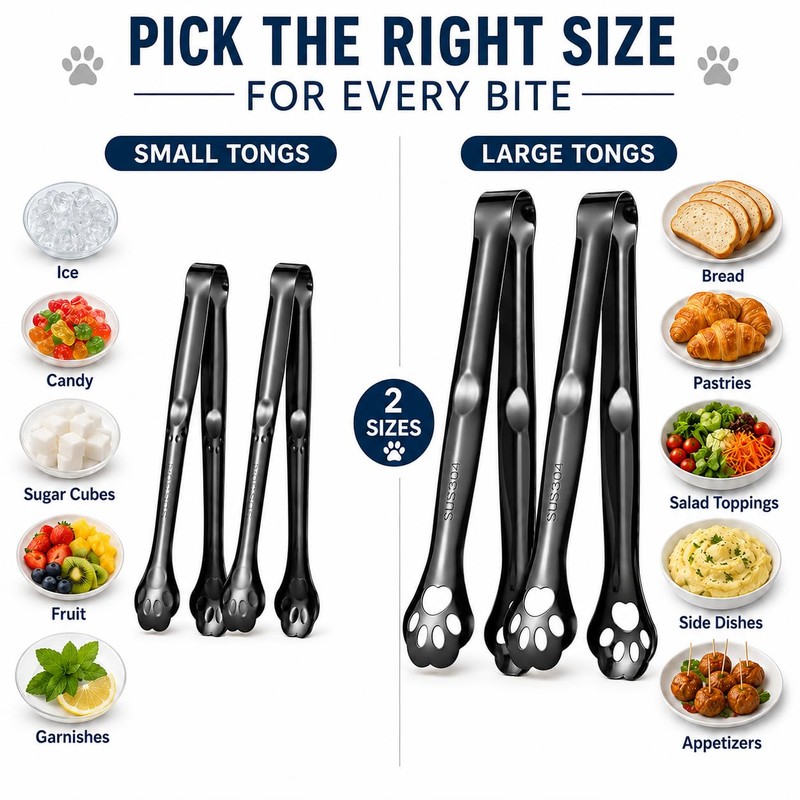 Black Cat Paw Food Tongs 4 Pack, 304 Stainless Steel,