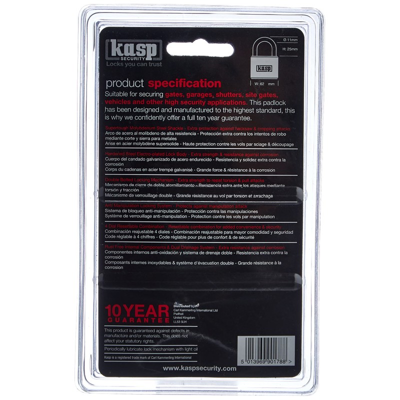 Kasp K11960D Combination Padlock, Silver, Open Shackle