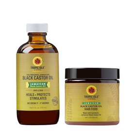 Juego de aceite de ricino negro jamaicano + alimento para el cabello, 4 onzas, 100% natural, tradicional, hecho a mano con granos de ricino tostados t