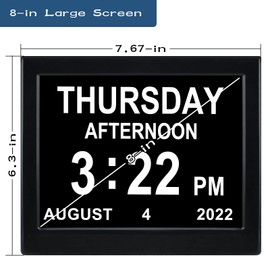 Day Date Time Clock for Seniors Elderly 3 Medication Reminders+ 5 Custom Reminders Digital Calendar Dementia Impaired Vision Memory Loss Clock(Black,8-inch)