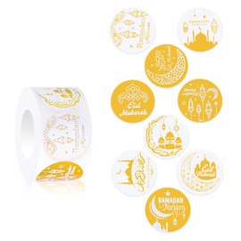 500pcs Gold Foil Ramadan Stickers, 1in Eid Mubarak Sticker Roll 9 Patterns Ramadan Kareem Labels for Gift Tag Greeting Cards Envelope Muslim Party Decorations