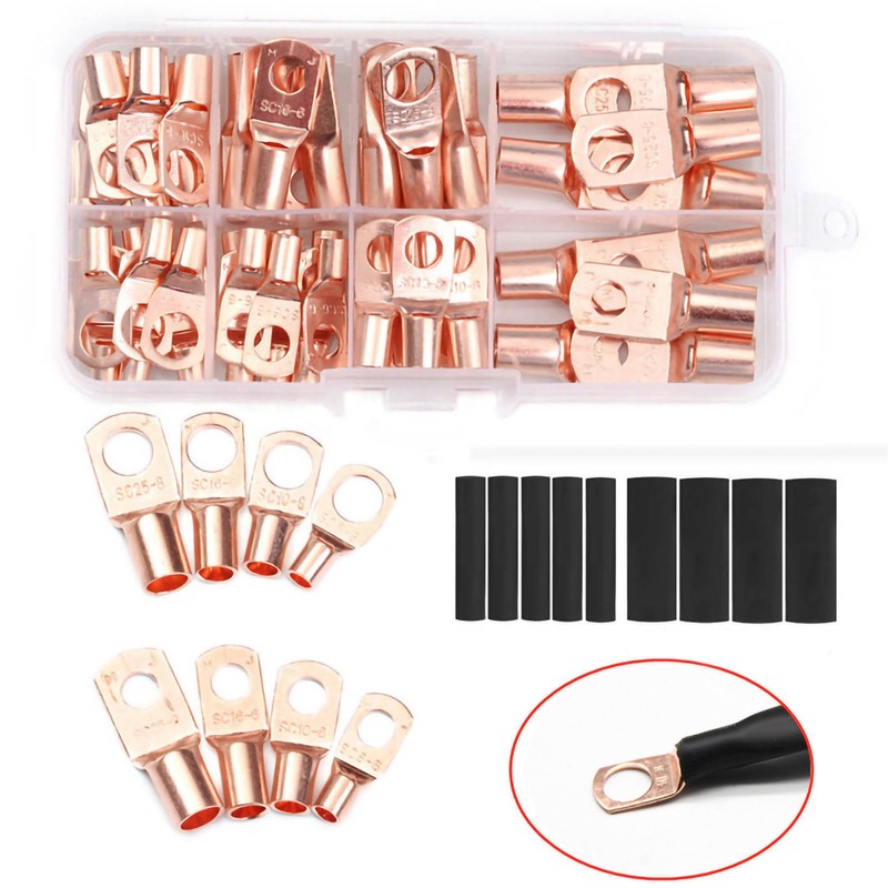 60Pcs Copper Wire Lugs Battery Cable Lugs Ring Terminals Connectors