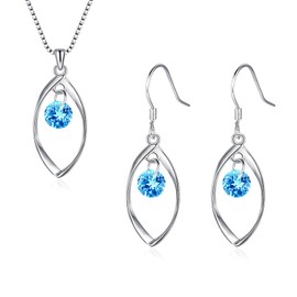 Estrellique 925 Sterling Silver Jewellery Set for Women, Silver Jewellery Set with Aquamarine Zirconia, Silver Twist Necklace & Earrings Pendant Jewellery Set, Jewellery Gift Box for Lady for Birthday