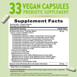 Raw Flora Probiotics with Prebiotics | 30 Billion CFU | 33 Daily Digestive Capsules | Vegan, Non-GMO & Gluten Free Supplement for Women and Men