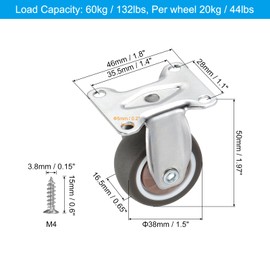 PATIKIL 1.5" Mini Rigid Fixed Caster Wheels, 4Pcs Chrome-Plated Top Plate TPR Silent Wheel with Screws Total Load Capacity 132 Lbs for Furniture Workbench Trolley, Brown