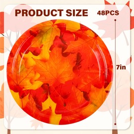 Elyxio 48Pcs Fall Leaf Paper Plates Maple Leaves Paper Dessert Plates Thanksgiving 7" Disposable Round Plate for Autumn Harvest Birthday Baby Shower Party Supplies