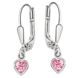 CLEVER SCHMUCK Silver Girls' Heart Earrings 22 mm Small Mini Zirconia Heart 5 mm Pink Zirconia Heart Shaped Edged 925 Sterling Silver for Children in Case Pink, Metal, Cubic Zirconia